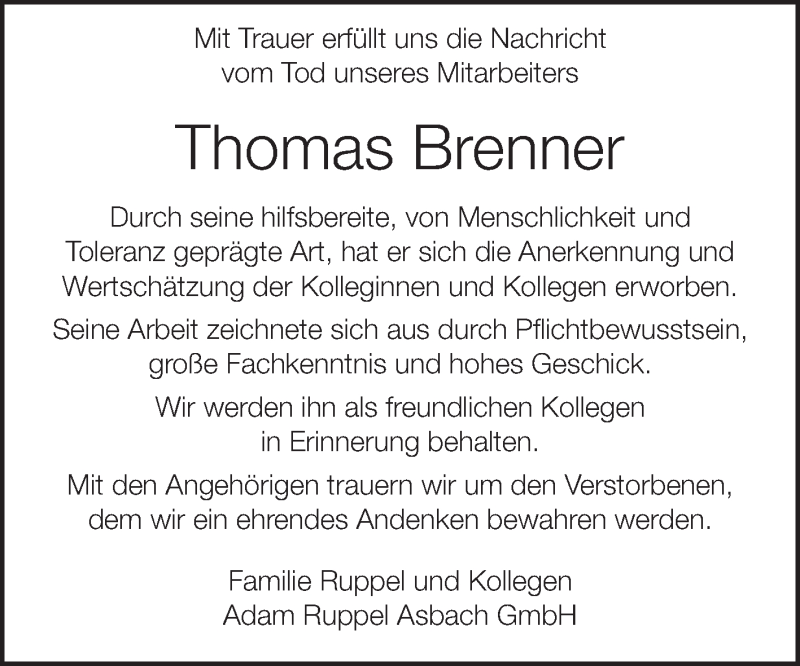  Traueranzeige für Thomas Brenner vom 04.07.2013 aus Echo-Zeitungen (Gesamtausgabe)