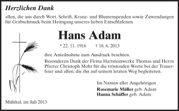 Traueranzeige von Hans Adam von Echo-Zeitungen (Gesamtausgabe)