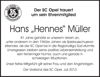 Traueranzeige von Hans Müller von Rüsselsheimer Echo, Groß-Gerauer-Echo, Ried Echo