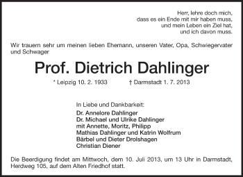 Traueranzeige von Dietrich Dahlinger von Darmstädter Echo, Odenwälder Echo, Rüsselsheimer Echo, Groß-Gerauer-Echo, Ried Echo