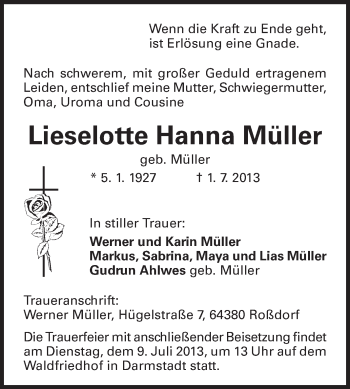 Traueranzeige von Lieselotte Hanna Müller von Echo-Zeitungen (Gesamtausgabe)