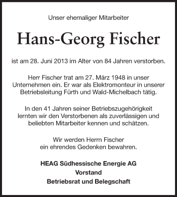 Traueranzeige von Hans-Georg Fischer von Echo-Zeitungen (Gesamtausgabe)