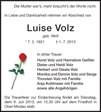 Traueranzeige von Luise Volz von Darmstädter Echo, Odenwälder Echo, Rüsselsheimer Echo, Groß-Gerauer-Echo, Ried Echo
