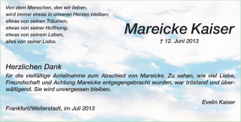 Traueranzeige von Mareicke Kaiser von Echo-Zeitungen (Gesamtausgabe)