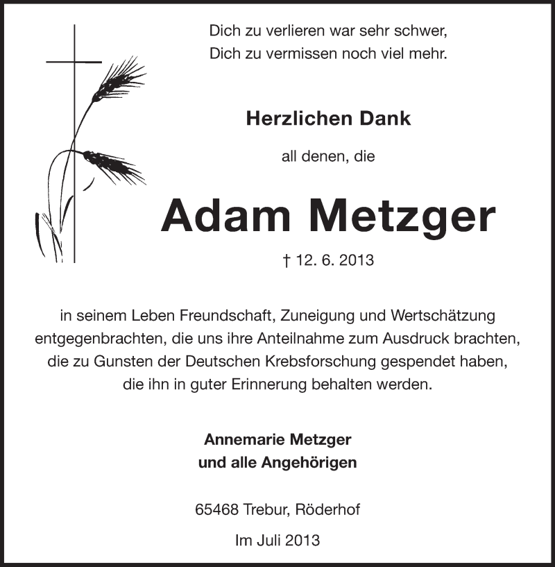  Traueranzeige für Adam Metzger vom 05.07.2013 aus Rüsselsheimer Echo, Groß-Gerauer-Echo, Ried Echo