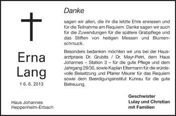 Traueranzeige von Erna Lang von Starkenburger Echo