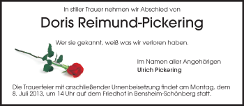 Traueranzeige von Doris Reimund-Pickering von Starkenburger Echo