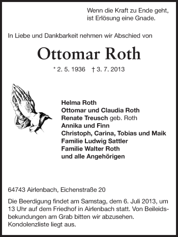 Traueranzeige von Ottomar Roth von Odenwälder Echo