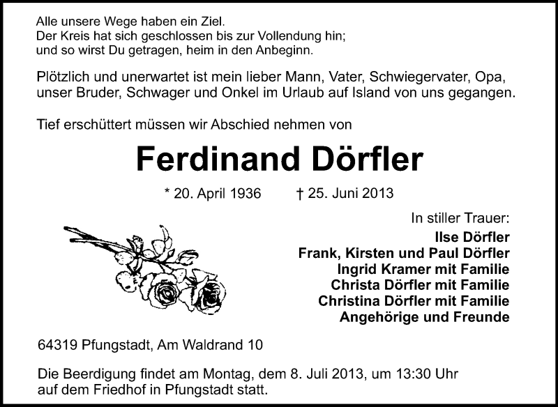  Traueranzeige für Ferdinand Dörfler vom 06.07.2013 aus Echo-Zeitungen (Gesamtausgabe)