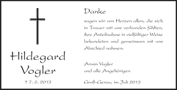 Traueranzeige von Hildegard Vogler von Rüsselsheimer Echo, Groß-Gerauer-Echo, Ried Echo