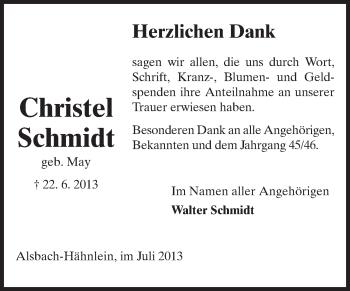 Traueranzeige von Christel Schmidt von Echo-Zeitungen (Gesamtausgabe)