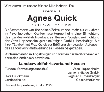 Traueranzeige von Agnes Quick von Starkenburger Echo