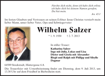 Traueranzeige von Wilhelm Salzer von Echo-Zeitungen (Gesamtausgabe)