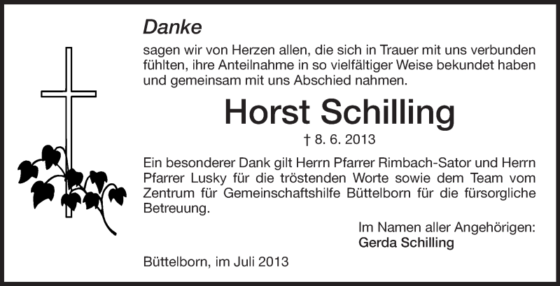  Traueranzeige für Horst Schilling vom 06.07.2013 aus Rüsselsheimer Echo, Groß-Gerauer-Echo, Ried Echo