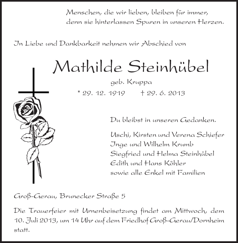  Traueranzeige für Mathilde Steinhübel vom 06.07.2013 aus Rüsselsheimer Echo, Groß-Gerauer-Echo, Ried Echo