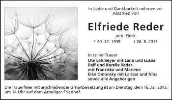 Traueranzeige von Elfriede Reder von Echo-Zeitungen (Gesamtausgabe)
