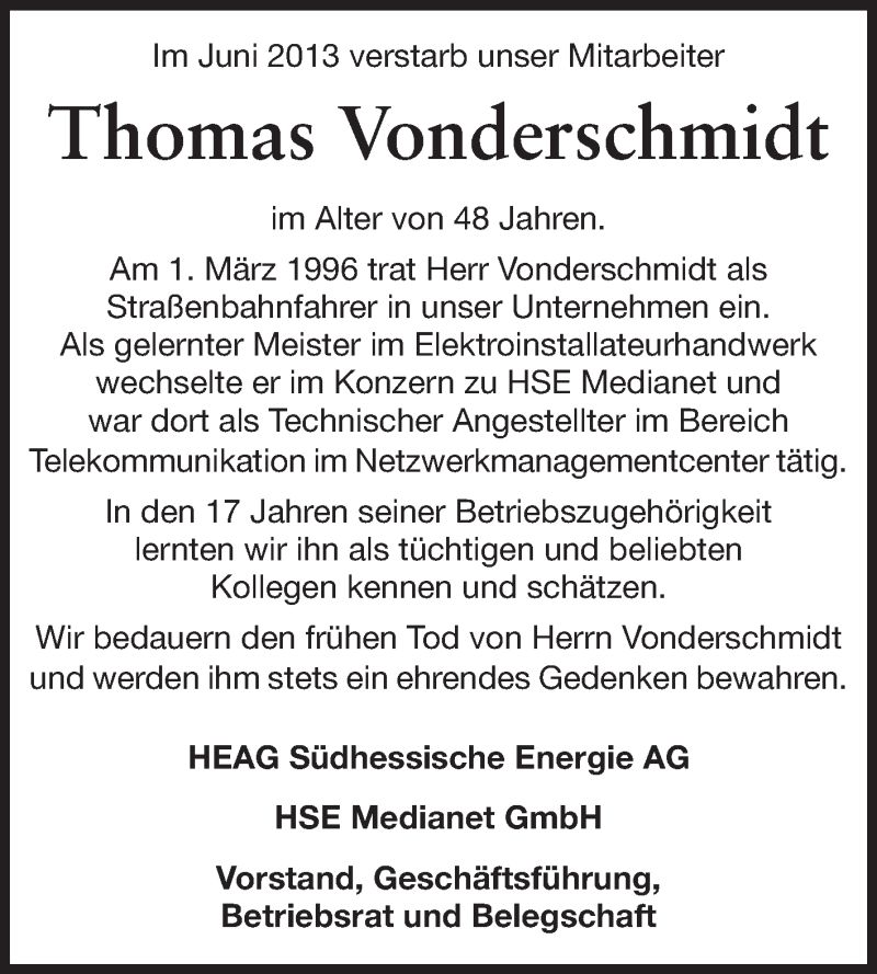  Traueranzeige für Thomas Vonderschmidt vom 06.07.2013 aus Echo-Zeitungen (Gesamtausgabe)