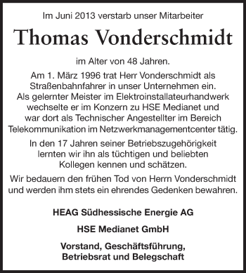 Traueranzeige von Thomas Vonderschmidt von Echo-Zeitungen (Gesamtausgabe)