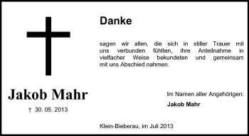 Traueranzeige von Jakob Mahr von Echo-Zeitungen (Gesamtausgabe)
