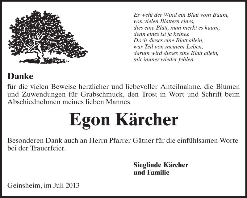  Traueranzeige für Egon Kärcher vom 08.07.2013 aus Rüsselsheimer Echo, Groß-Gerauer-Echo, Ried Echo
