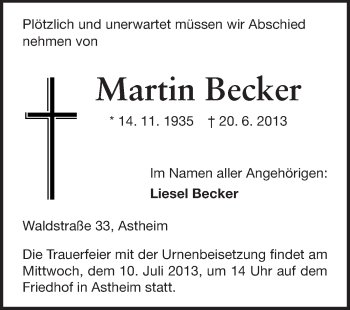 Traueranzeige von Martin Becker von Rüsselsheimer Echo, Groß-Gerauer-Echo, Ried Echo