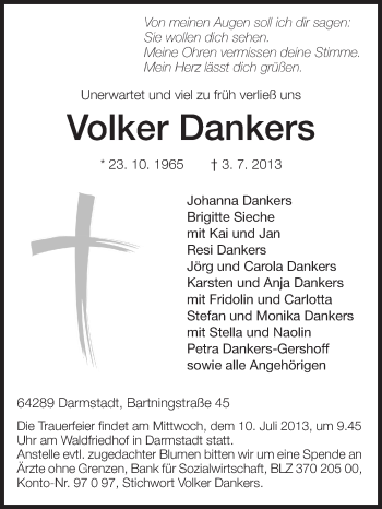 Traueranzeige von Volker Dankers von Echo-Zeitungen (Gesamtausgabe)