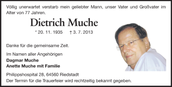 Traueranzeige von Dietrich Muche von Rüsselsheimer Echo, Groß-Gerauer-Echo, Ried Echo