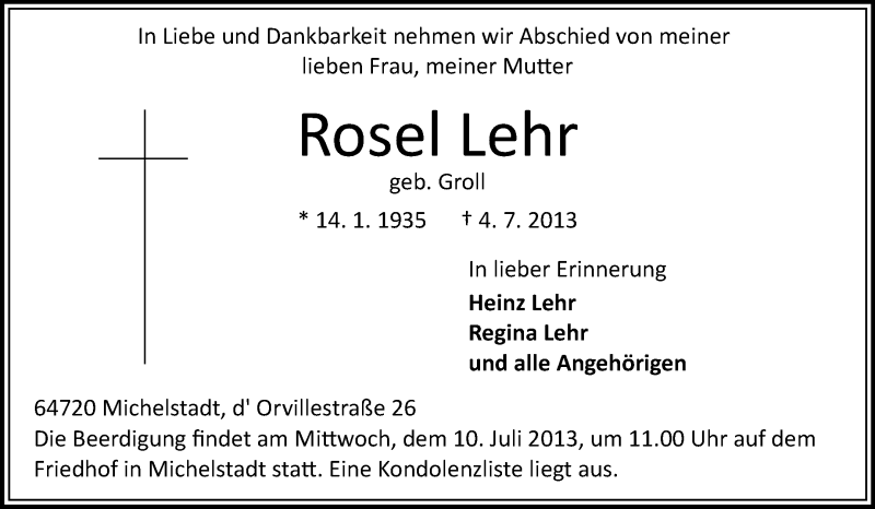  Traueranzeige für Rosel Lehr vom 06.07.2013 aus Odenwälder Echo