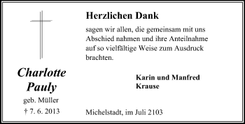 Traueranzeige von Charlotte Pauly von Odenwälder Echo