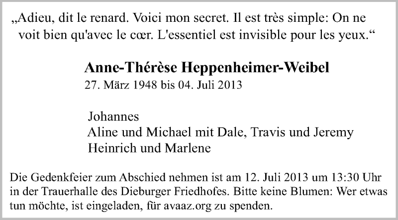  Traueranzeige für Anne-Therese Heppenheimer-Weibel vom 08.07.2013 aus Echo-Zeitungen (Gesamtausgabe)