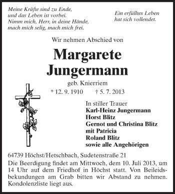 Traueranzeige von Margarete Jungermann von Odenwälder Echo