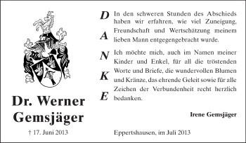 Traueranzeige von Werner Gemsjäger von Echo-Zeitungen (Gesamtausgabe)