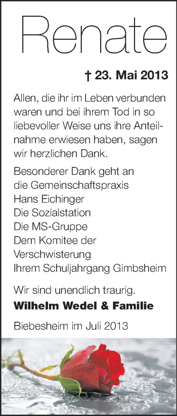 Traueranzeige von Renate  von Rüsselsheimer Echo, Groß-Gerauer-Echo, Ried Echo