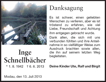 Traueranzeige von Inge Schnellbächer von Echo-Zeitungen (Gesamtausgabe)