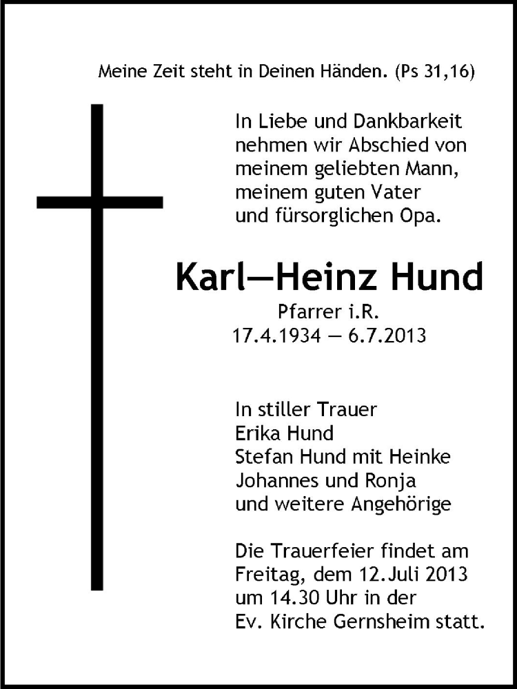  Traueranzeige für Karl-Heinz Hund vom 09.07.2013 aus Echo-Zeitungen (Gesamtausgabe)