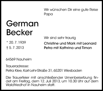 Traueranzeige von German Becker von Rüsselsheimer Echo, Groß-Gerauer-Echo, Ried Echo
