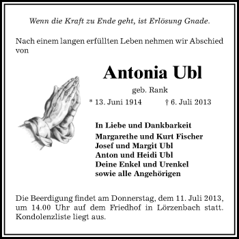Traueranzeige von Antonia Ubl von Echo-Zeitungen (Gesamtausgabe)