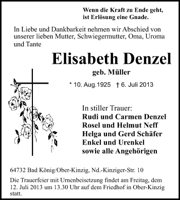 Traueranzeige von Elisabeth Denzel von Echo-Zeitungen (Gesamtausgabe)