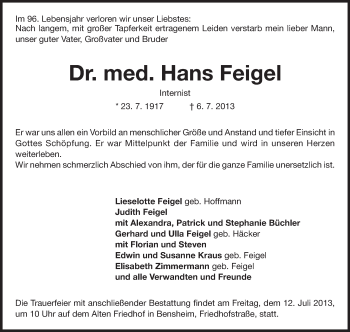 Traueranzeige von Hans Feigel von Echo-Zeitungen (Gesamtausgabe)