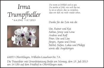 Traueranzeige von Irma Trumpfheller von Echo-Zeitungen (Gesamtausgabe)