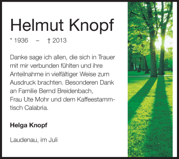 Traueranzeige von Helmut Knopf von Odenwälder Echo
