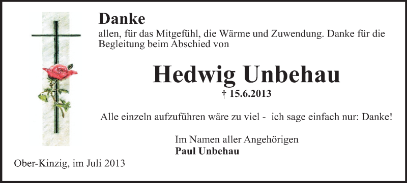  Traueranzeige für Hedwig Unbehau vom 13.07.2013 aus Odenwälder Echo