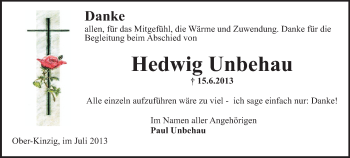 Traueranzeige von Hedwig Unbehau von Odenwälder Echo