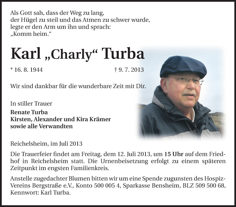  Traueranzeige für Karl Turba vom 11.07.2013 aus Odenwälder Echo