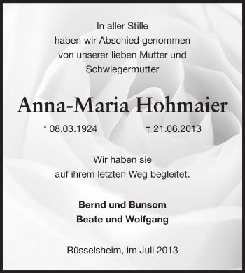 Traueranzeige von Anna-Maria Hohnmaier von Rüsselsheimer Echo, Groß-Gerauer-Echo, Ried Echo
