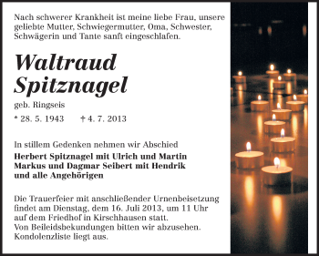 Traueranzeige von Waltraud Spitznagel von Starkenburger Echo