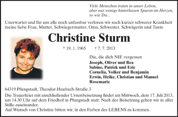 Traueranzeige von Christine Sturm von Echo-Zeitungen (Gesamtausgabe)