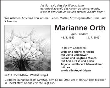 Traueranzeige von Marianne Orth von Odenwälder Echo