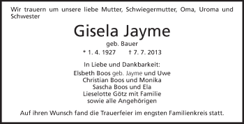 Traueranzeige von Gisela Jayme von Echo-Zeitungen (Gesamtausgabe)