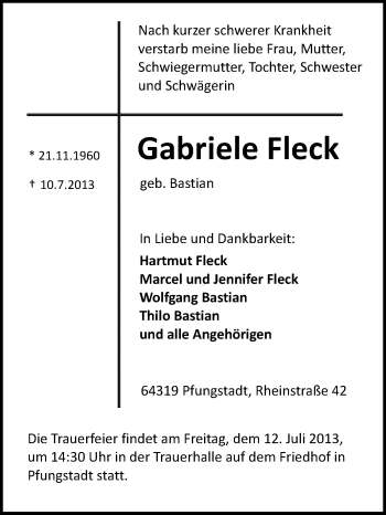 Traueranzeige von Gabriele Fleck von Echo-Zeitungen (Gesamtausgabe)